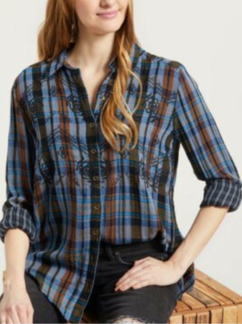 Free People Women's Magical Plaid Embroidered Button Up Shirt. Size M